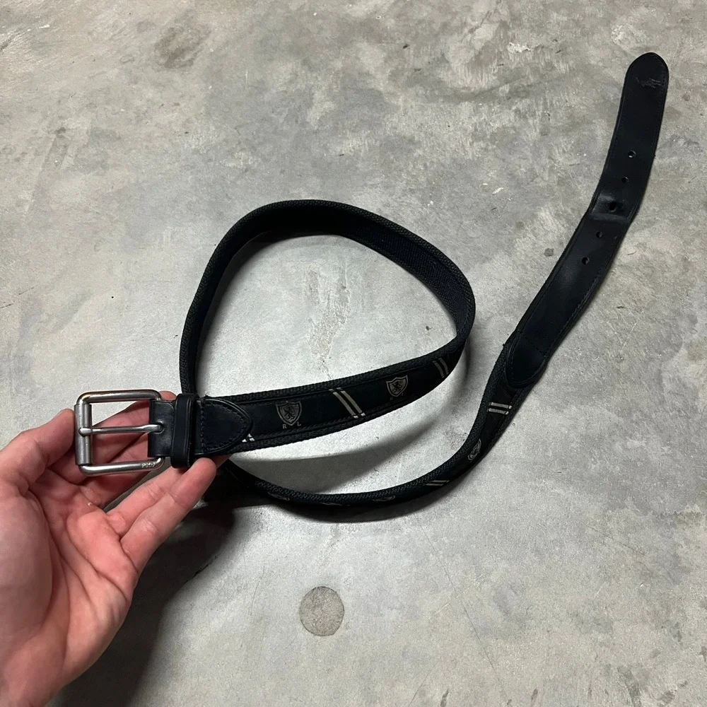 Polo Ralph Lauren Mens Belt 38 Black Canvas Leather Heraldic Crest Ribbon